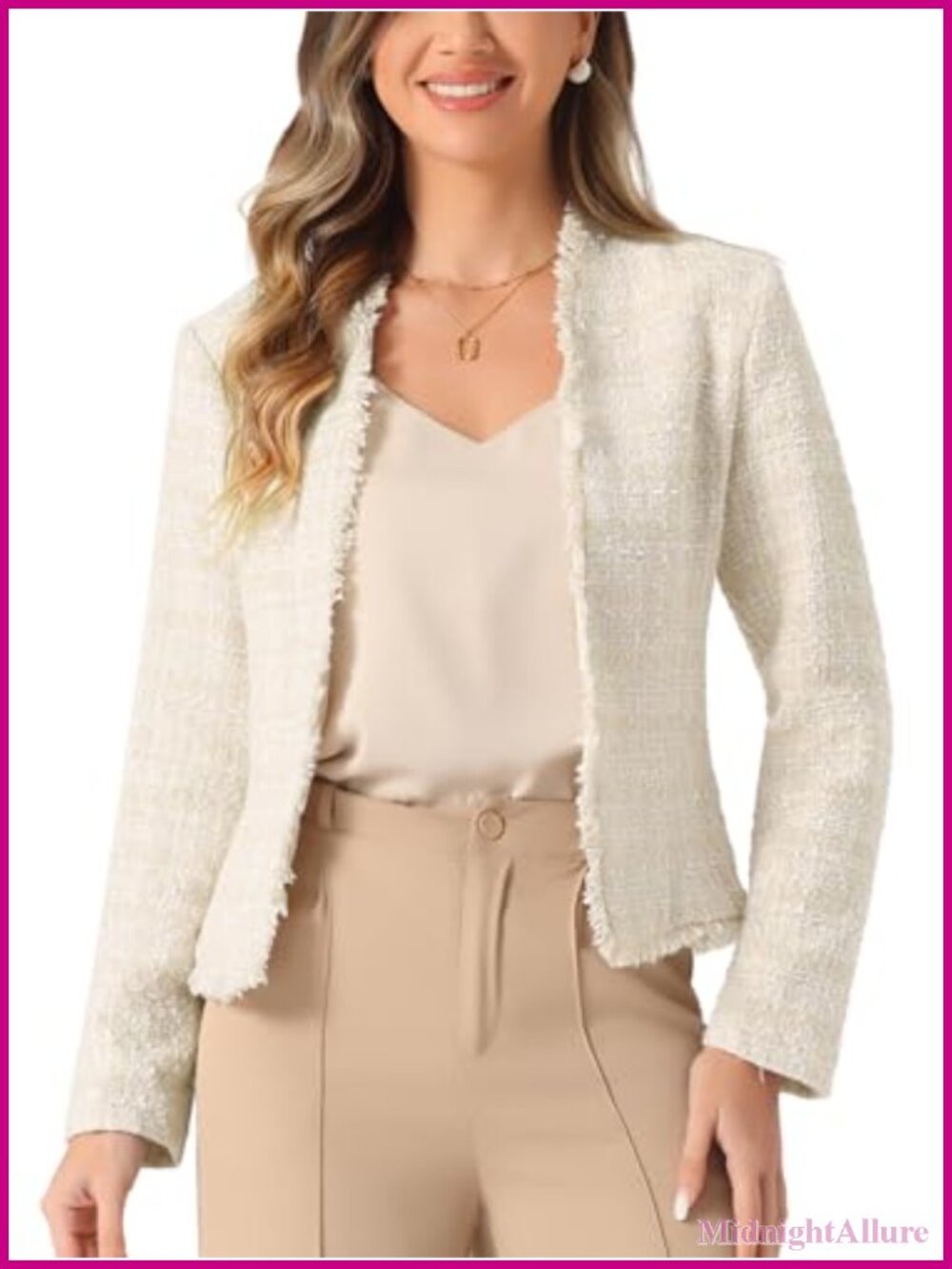 Plaid Tweed Open Front Collarless Blazer Jacket Long Sleeve